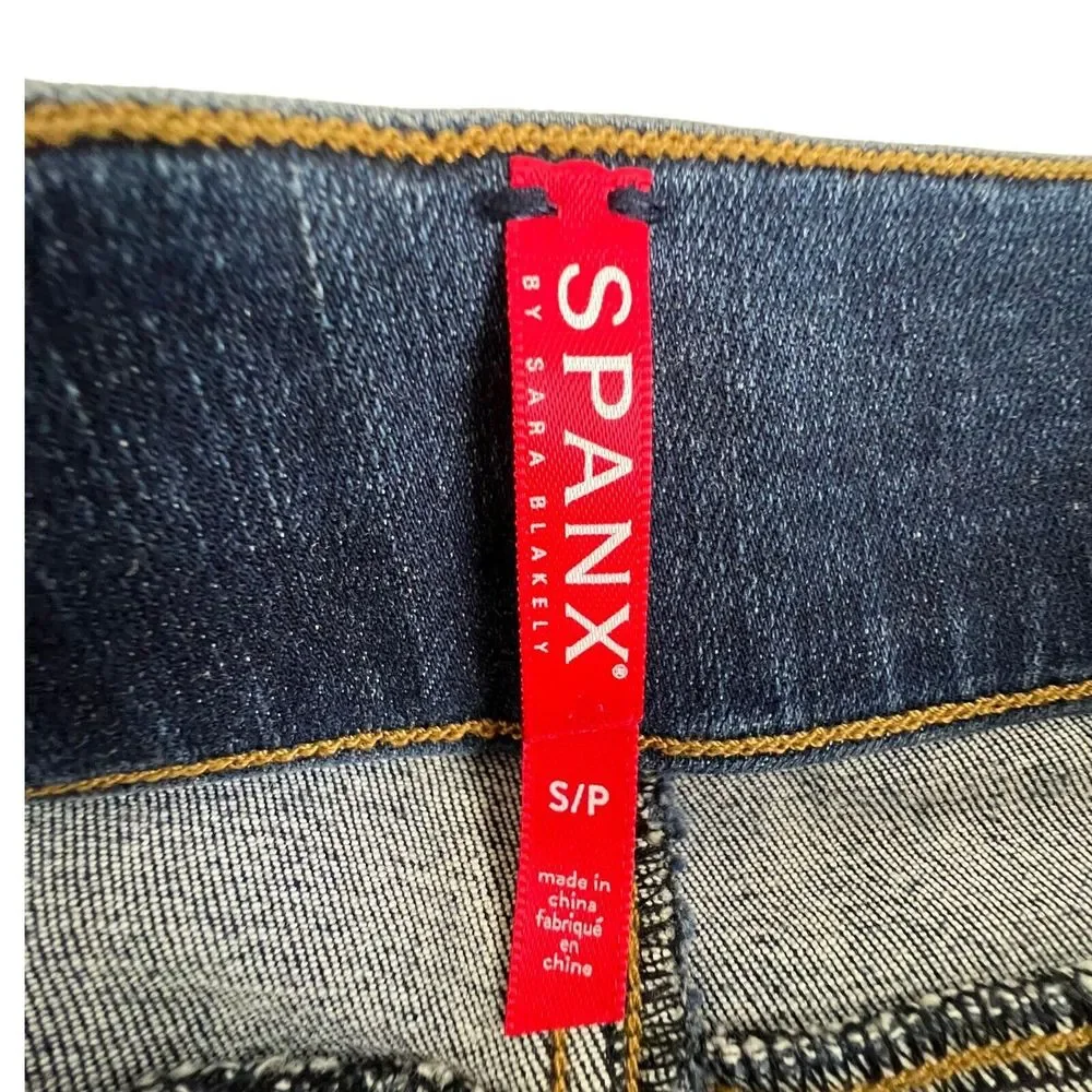 Spanx Medium Wash Mid Rise Distressed Raw Hem Pull On Skinny Jegging Jeans Small